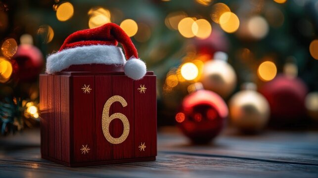 Wooden red countdown block numbered 6 topped with a small red and white festive hat, surrounded by red and gold baubles and warm glowing lights, cozy joyful holiday mood