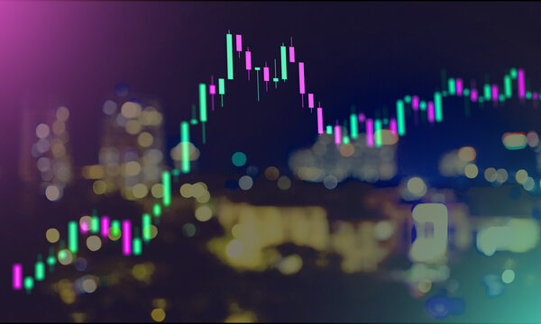 Stock market trading chart with glowing candlestick patterns overlaid on a blurred city night background, representing financial growth and analysis.