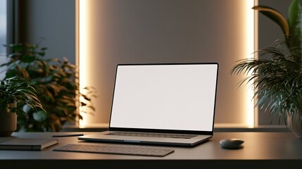Fototapeta premium Modern Laptop Mockup with Blank Screen in Stylish Green Office