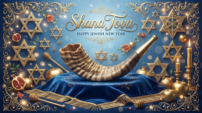Shana tova greeting card with shofar, pomegranates, and honey dippers