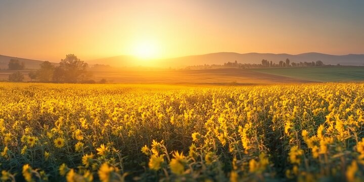 Golden Sunlight over a Blooming Sunflower Field and Distant Hills