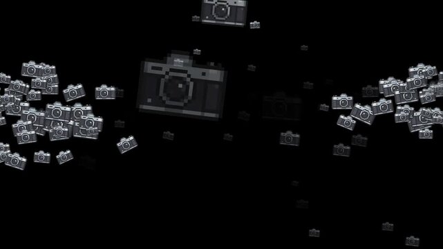 pixel art camera, 8-bit photo camera, 16-bit retro camera, vintage camera, snapshot, photography, lens, shutter, flash, photographer tool, gadget, media icon, UI element, inventory item, rpg sprite, a