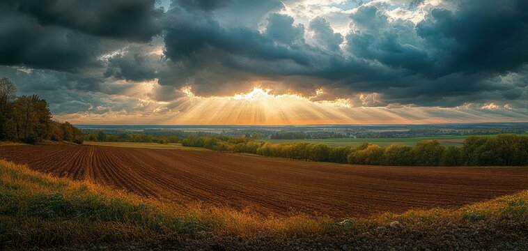 Plowed farmland and rolling tree line under dramatic storm clouds as golden sunbeams break through, wide panoramic countryside evoking a serene hopeful mood