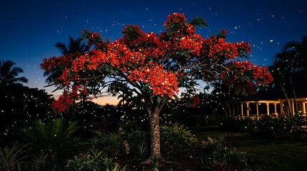 Obraz premium Blooming flamboyant tree with orange flowers at night