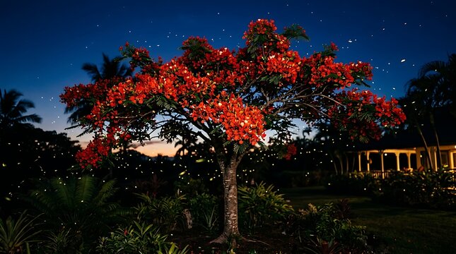 Blooming flamboyant tree with orange flowers at night
