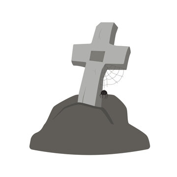 Grave with stone cross and cobweb with cute spider, spooky cemetery tombstone headstone Halloween concept vector illustration isolated on white background.