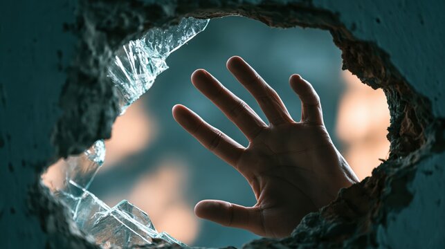 Human hand reaches through a broken hole in a wall seeking help or freedom.