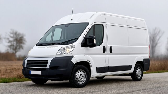 White cargo van traveling on an overcast rural road, ideal for delivery service, business transportation and regional logistics concepts.