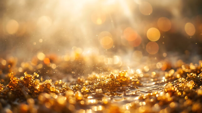 Golden sand particles sparkling under bright sunlight macro bokeh background