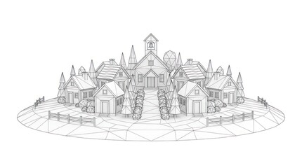 Fototapeta premium Architectural sketch of a small village scene with church and houses