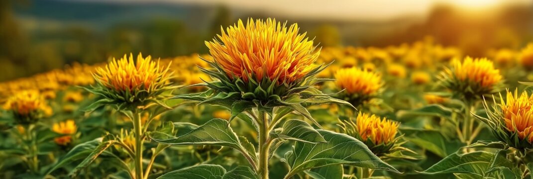 Orange safflower blooms in a sunlit agricultural field at golden hour
