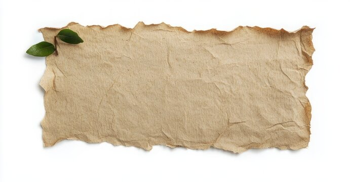 crumpled torn vintage parchment with burnt edges and two green leaves on white background conveying rustic natural calm