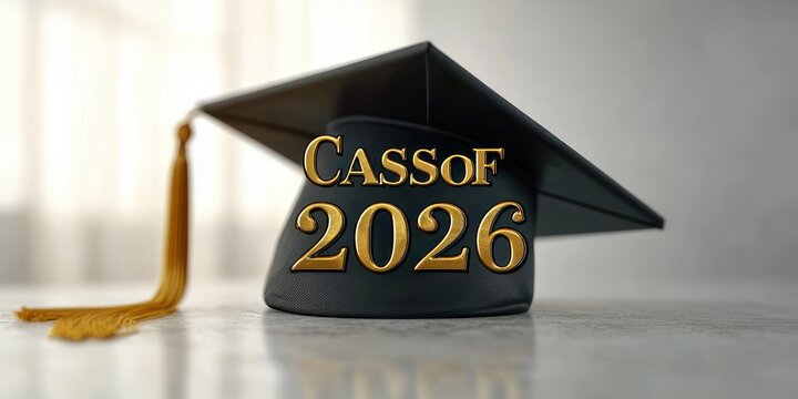 black graduation cap with gold tassel and gold lettering class of 2025 on tabletop, soft backlight, hopeful celebratory mood