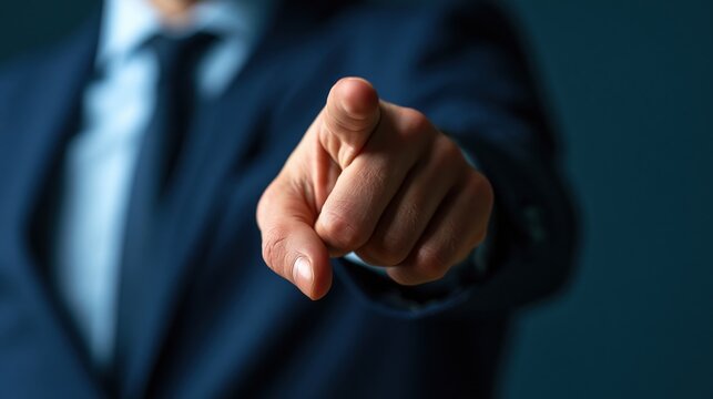 Businessman pointing finger toward camera to select a candidate for leadership.