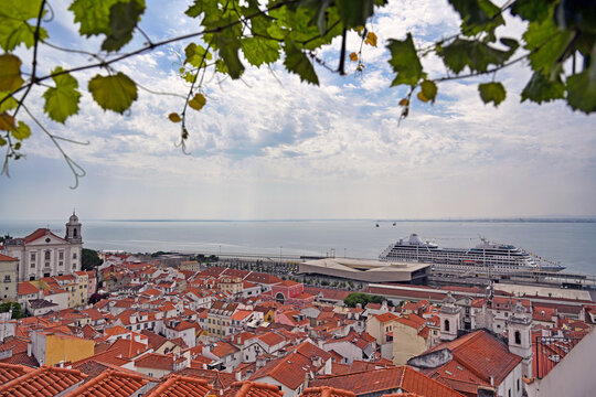 Panoramic cityscape of Alfama district from Miradouro de Santa Luzia with Saint Stephen Church and Tagus River in Lisbon, Portugal