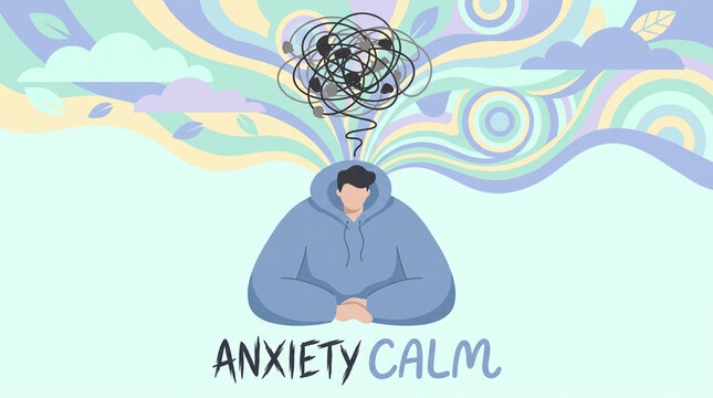 Person organizing tangled thoughts with anxiety and calm contrast above seated figure