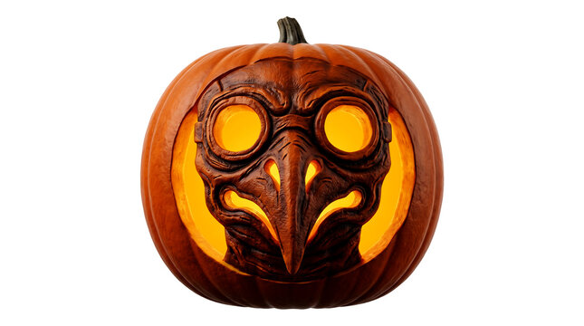 Front view of plague doctor mask carved on Halloween pumpkin