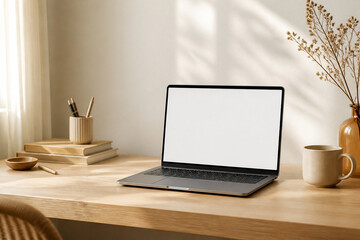 Naklejka premium Blank Laptop on Cozy Minimal Creator Desk in Morning Sunlight