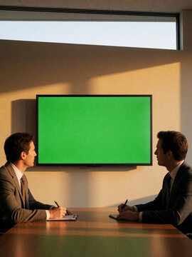 Two businessmen in suits sitting at a conference table looking at a green screen monitor in a modern office