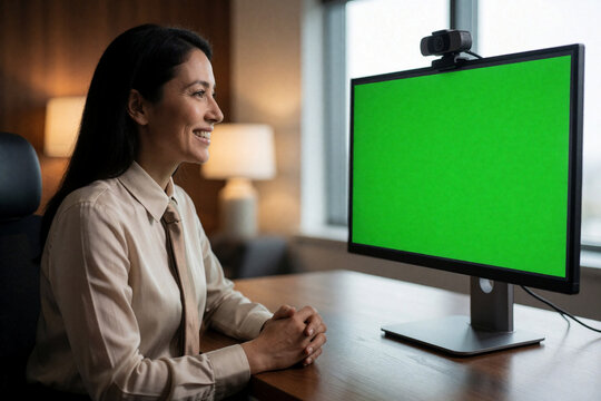 Businesswoman video conference green screen monitor webcam