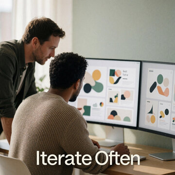Iterate Often - Two designers reviewing UI/UX mockups on dual monitors in a modern office