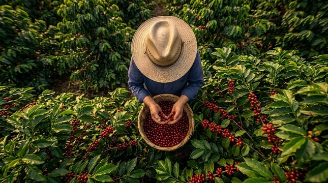 Farmer wearing a straw hat collecting fresh red coffee cherries in a basket at a lush green coffee plantation