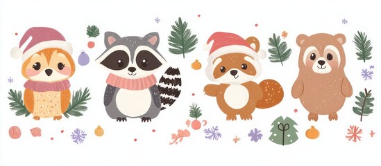 Fototapeta premium Cute owl, raccoon, fox and bear wearing winter hats and scarves among pine branches, ornaments, snowflakes and leaves, cheerful festive woodland friends