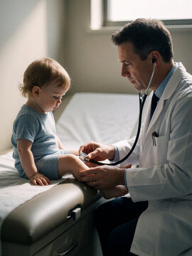 Male pediatrician examining toddler with stethoscope in clinic