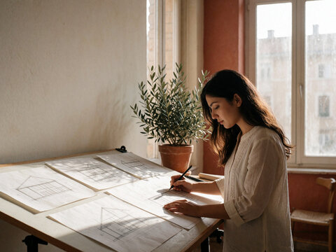 Female architect or designer drawing architectural plans at a drafting table in a sunlit studio