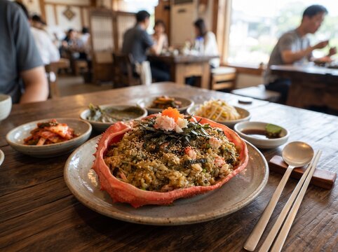 Korean Snow Crab tomalley fried rice served inside crab shell in restaurant.