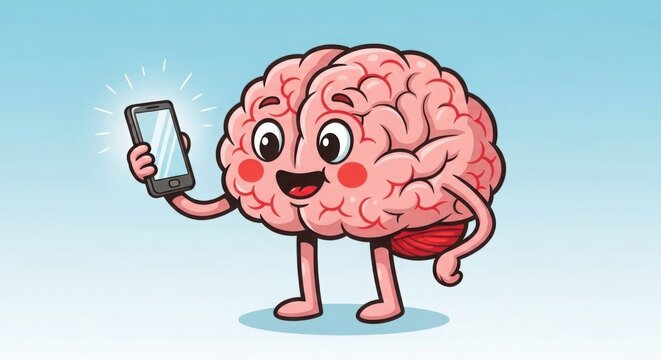 A cartoon brain character holding a smartphone illustration