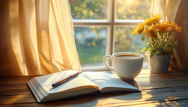 sunlit morning scene with open journal and pen, cup of coffee, yellow potted flowers on wooden table, soft curtains and warm peaceful light
