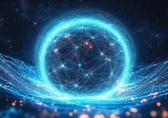 Fototapeta premium Glowing blue network sphere of interconnected nodes and streaming particle waves in a cosmic starfield, evoking wonder and futuristic energy