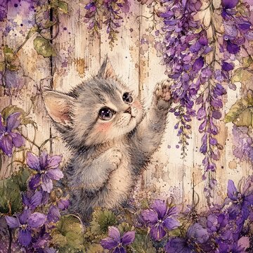 Kitten gazing among cascading purple violets