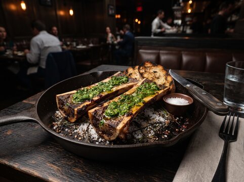 Roasted beef Bone Marrow with Chimichurri sauce in moody steakhouse.