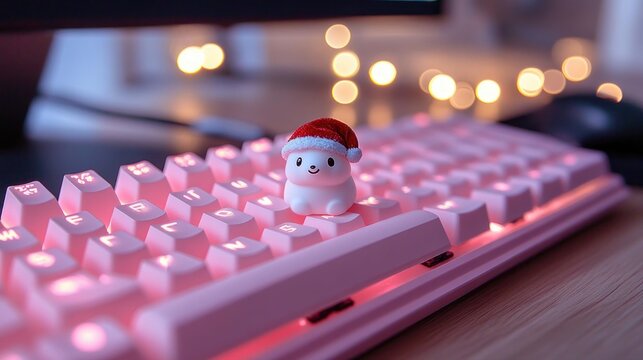 pink backlit mechanical keyboard with a small smiling white figurine wearing a red holiday hat, warm bokeh fairy lights and a cozy festive desktop atmosphere