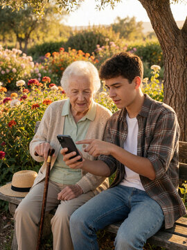 Grandson showing smartphone to grandmother sitting on a bench in a garden