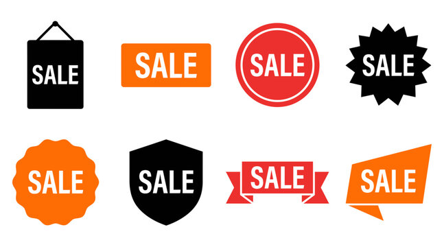 A collection of various sale labels and promotional badges designed for marketing campaigns during the busy black friday shopping event season now