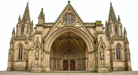 Obraz premium Gothic cathedral facade with stone arches and rose window isolated on white background