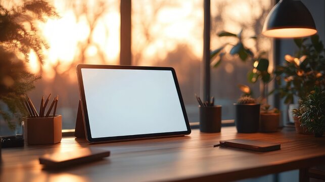 digital tablet with blank screen on a wooden desk by a large window at golden sunset with potted plants, pencil holders, lamp, notebook and phone in a warm cozy workspace