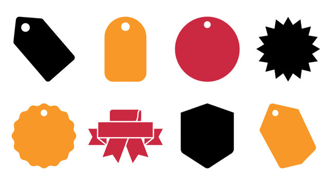 A collection of colorful retail price tags and promotional labels perfect for advertising seasonal sales events like the annual black friday shopping