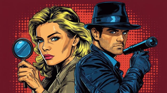 Determined blonde female detective holding a magnifying glass and a serious male investigator in a fedora and gloves aiming a pistol, tense retro comic pop art scene