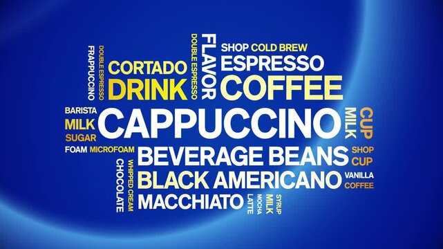 Cappuccino coffee animated word cloud-animation tag kinetic typography seamless loop.