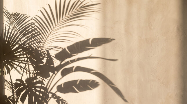 palm tree silhouette. A minimalist abstract photograph of dramatic tropical plant shadows cast across a warm beige plaster wall by soft sunlight.
