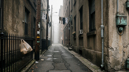 Obraz premium Moody foggy urban alleyway with hanging laundry, cracked pavement, and weathered building facades