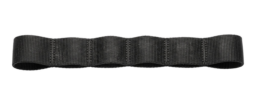 Black tactical nylon webbing strap with stitched loops for military gear attachment studio shot isolated on black background for outdoor equipment utility hardware design element closeup view.