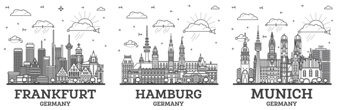 Outline Hamburg, Munich and Frankfurt Germany City Skyline set with Modern Buildings Isolated on White. Cityscape with Landmarks.