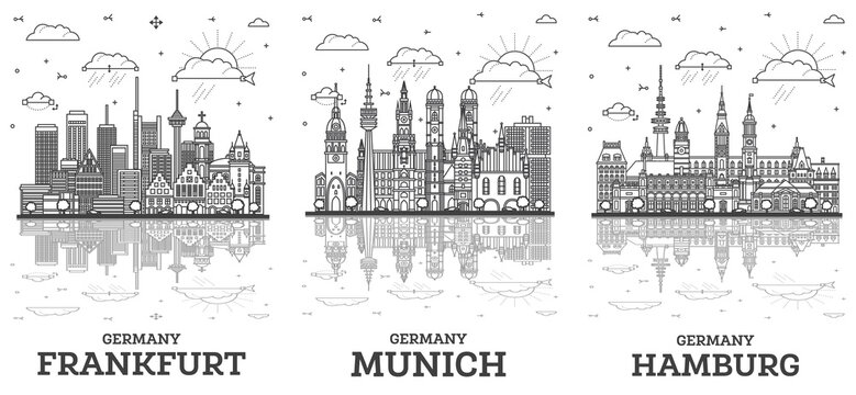 Outline Hamburg, Munich and Frankfurt Germany City Skyline set with Modern Buildings and Reflections Isolated on White. Cityscape with Landmarks.