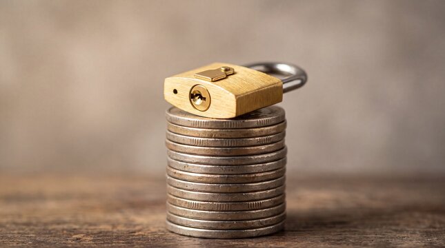 A brass padlock securely locked on of a tall, neat stack of silver coins, resting on a ad social media download thambnail poster web template event festival 2026 2027 2028