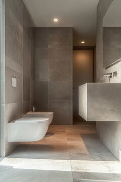 Minimalist modern bathroom with wall-mounted toilet and bidet, floating rectangular sink and mirror, gray stone tiles, recessed ceiling lights and soft sunlight creating a calm serene mood